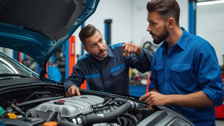 Consumidor e mecânico analisando motor de carro com vício oculto para fundamentar denúncia contra revenda.