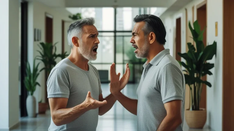 Dois moradores discutindo em área comum de condomínio, representando conflitos de vizinhança e necessidade de mediação.