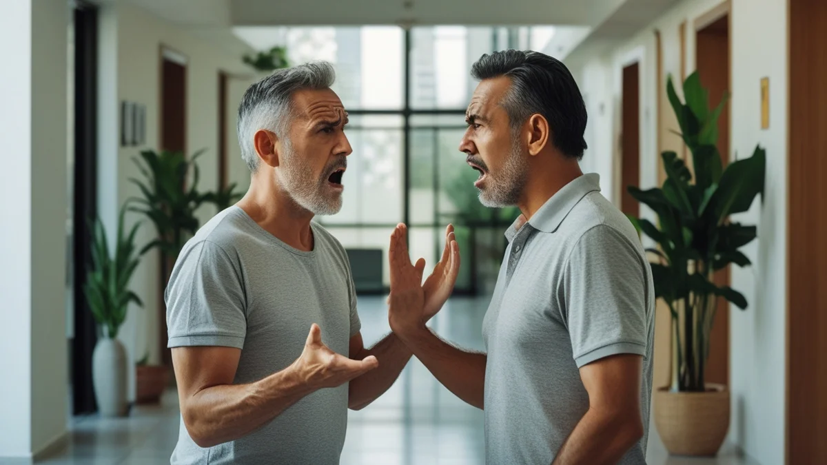 Dois moradores discutindo em área comum de condomínio, representando conflitos de vizinhança e necessidade de mediação.