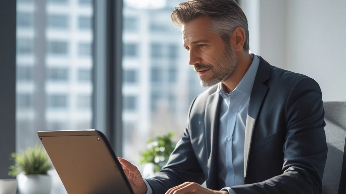 Advogado em escritório moderno analisando provas de golpe em compra online para processo judicial.