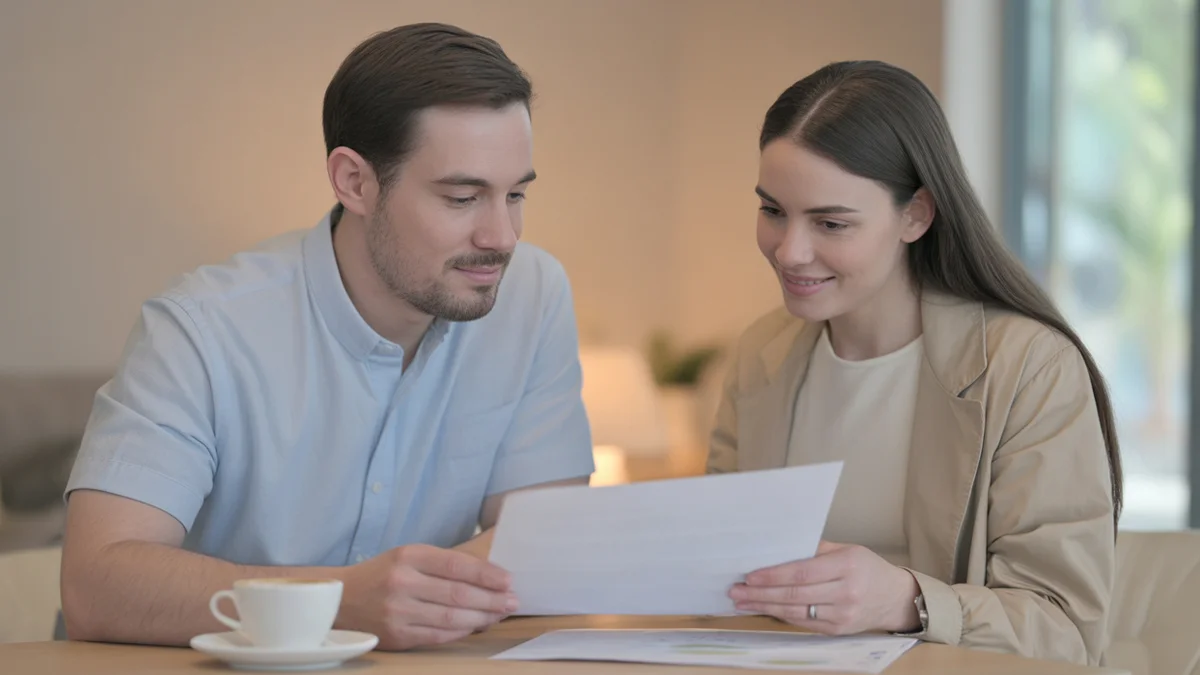 Um casal jovem conversando de forma serena em uma mesa de café, segurando documentos, discutindo seu futuro jurídico.