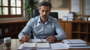Homem em mesa de escritório analisando documentos e boletos com expressão de preocupação.