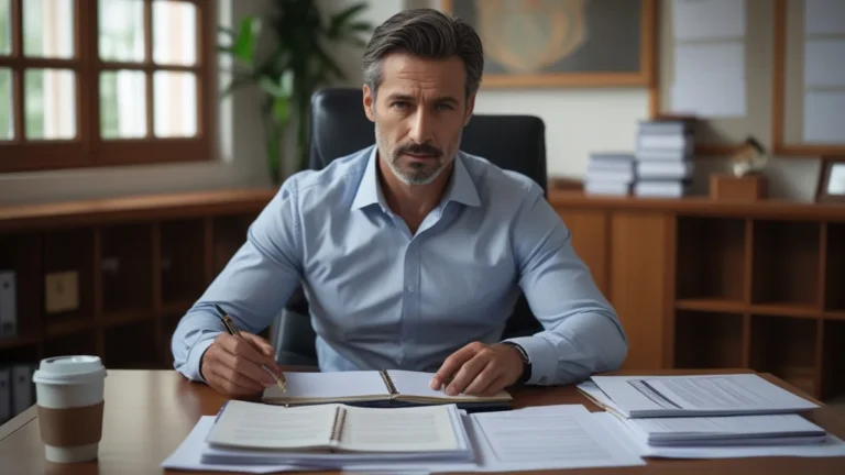 Homem em mesa de escritório analisando documentos e boletos com expressão de preocupação.