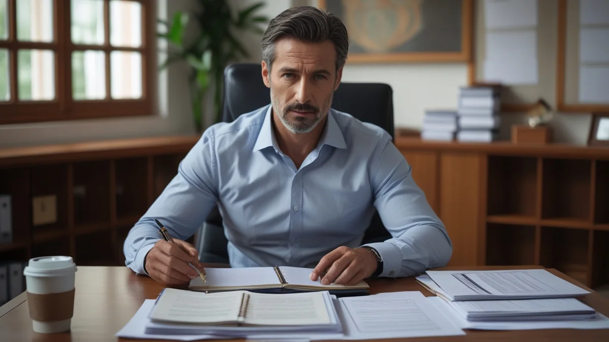 Homem em mesa de escritório analisando documentos e boletos com expressão de preocupação.