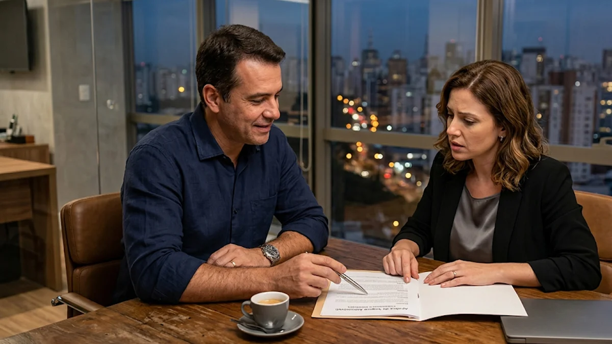 Profissional de seguros experiente e cliente analisando apólice de seguro auto em escritório moderno em São Paulo, com vista para a cidade ao anoitecer, em consulta jurídica sobre riscos e negativas de indenização.
