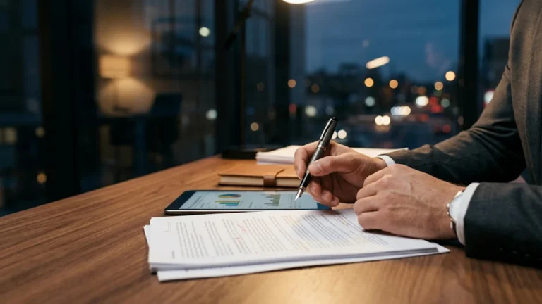 Advogado em escritório corporativo moderno analisando documentos fiscais para planejamento de regularização de impostos atrasados de empresa.