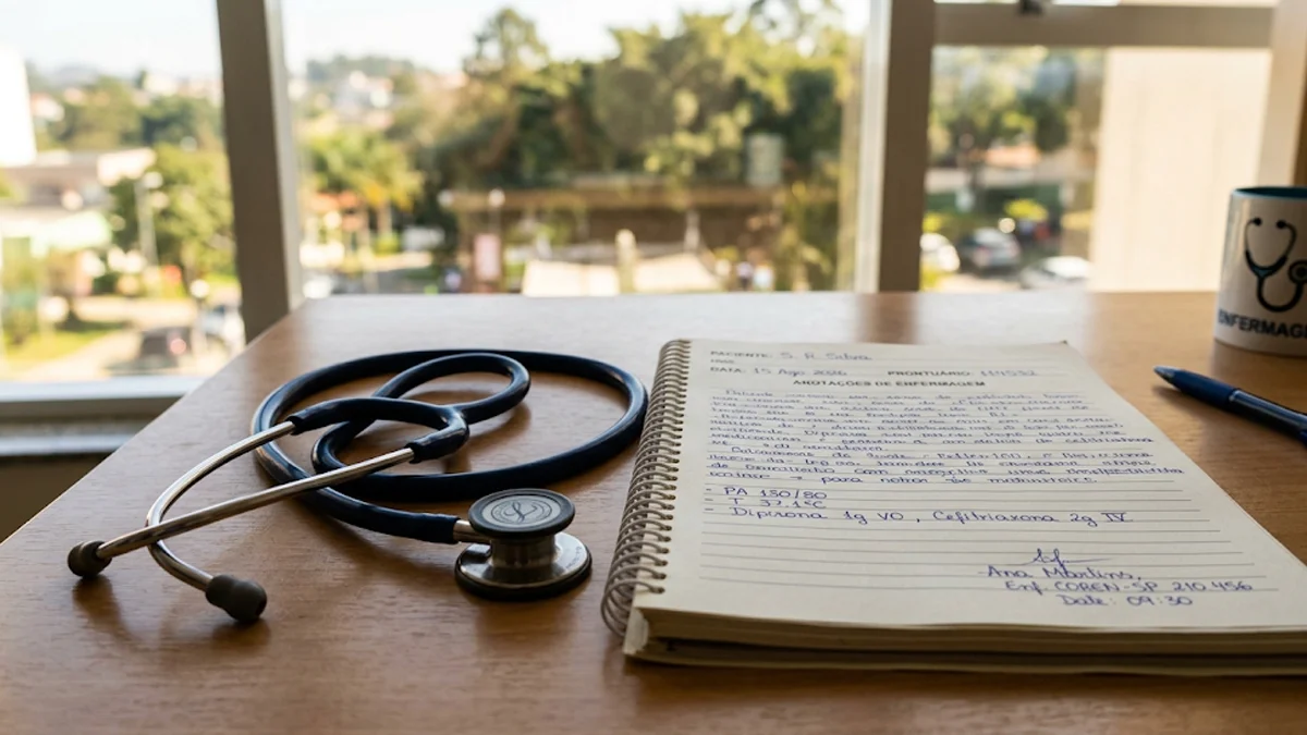 Estetoscópio e prontuário médico sobre mesa de atendimento representando a documentação de enfermagem em situações de emergência.