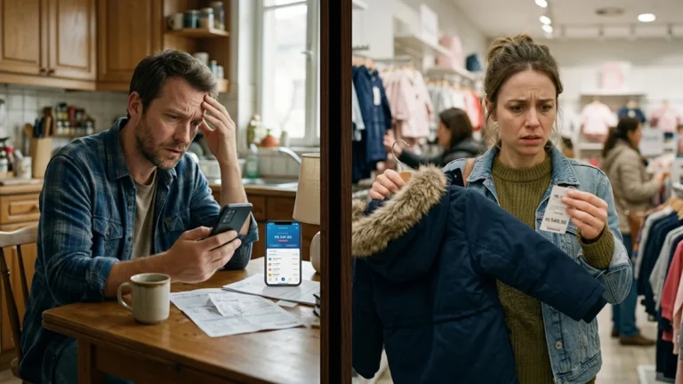 pai preocupado com as finanças no celular e uma mãe avaliando o alto custo de roupas infantis, ilustrando as dificuldades financeiras na pensão.